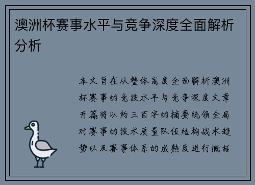 澳洲杯赛事水平与竞争深度全面解析分析