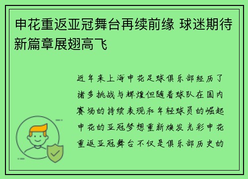 申花重返亚冠舞台再续前缘 球迷期待新篇章展翅高飞