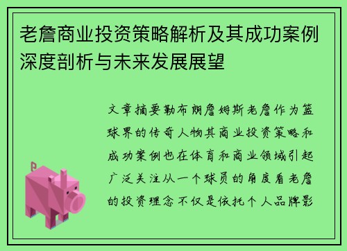 老詹商业投资策略解析及其成功案例深度剖析与未来发展展望