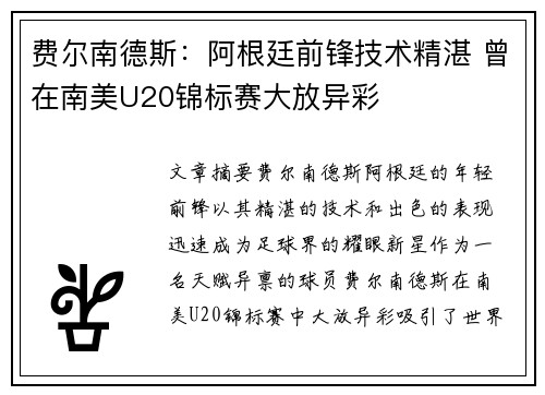 费尔南德斯：阿根廷前锋技术精湛 曾在南美U20锦标赛大放异彩