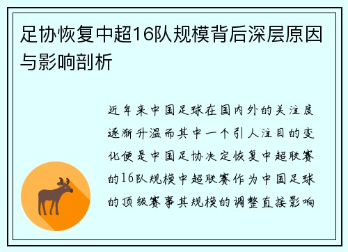 足协恢复中超16队规模背后深层原因与影响剖析